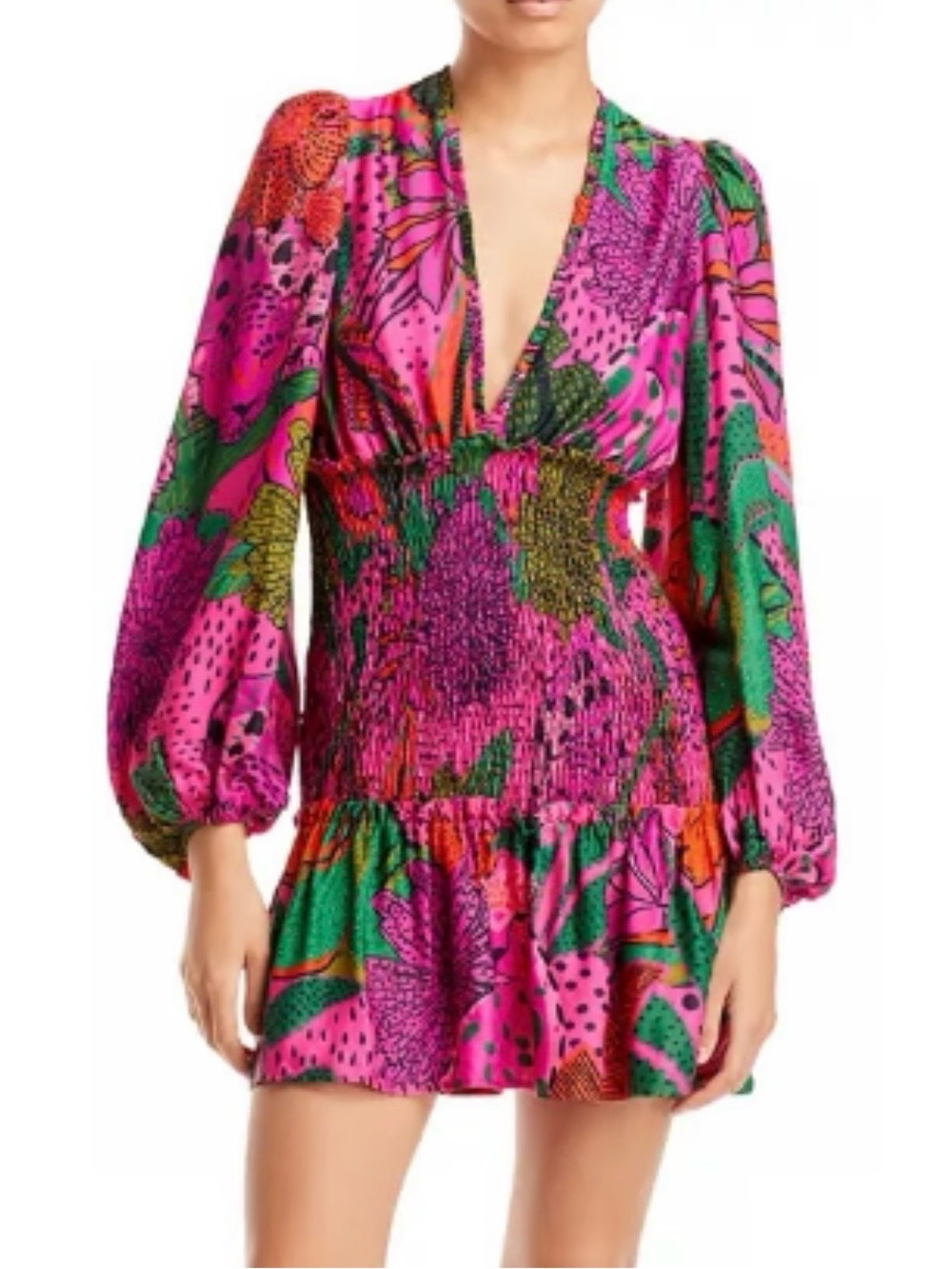 Farm Rio Boho Cool Leopards Mini Dress V-Neck Smocked Mini Dress Size Large